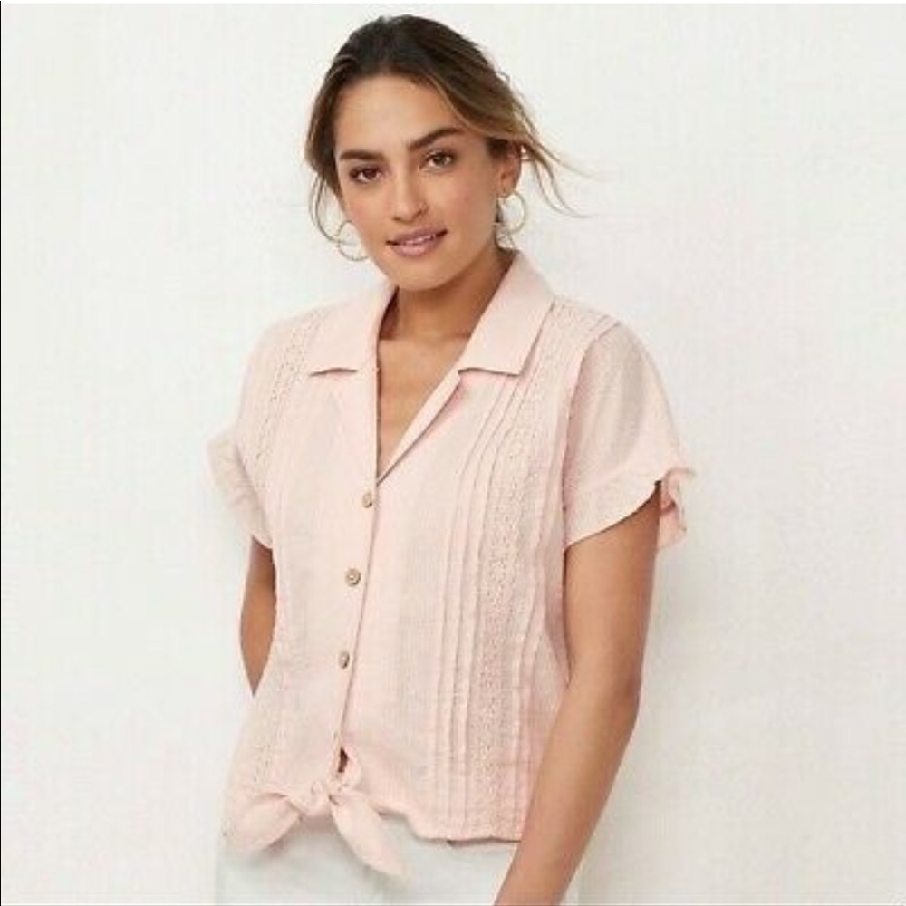 Lauren Conrad front tie pastel pink pintuck blouse Small